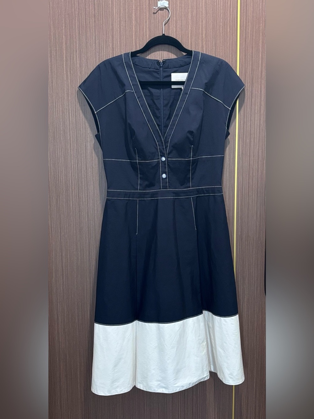 Carolina Herrera Blue White Colorblock Contrast Stitch Midi Dress 10